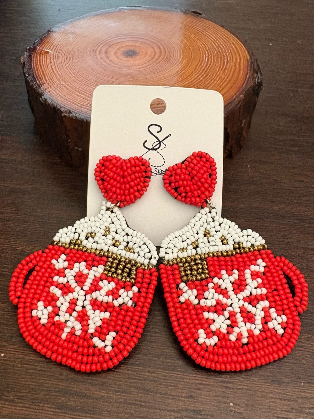 Beaded Red Mug Snowflake Statement Earrings